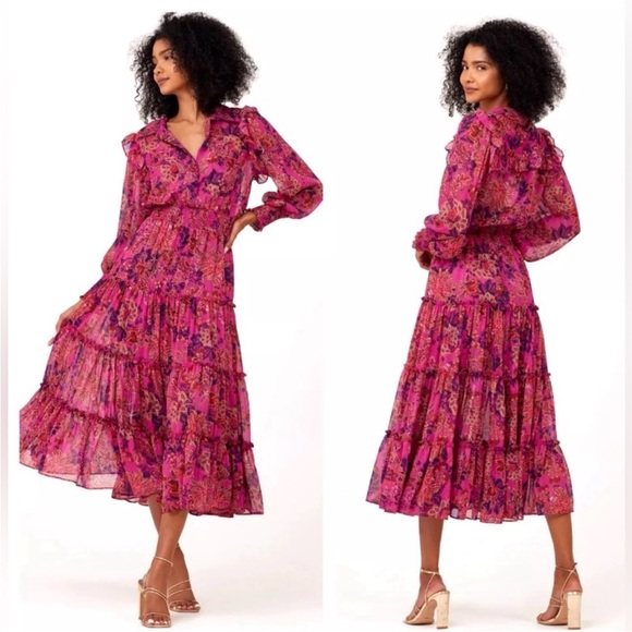 Misa Los Angeles Marian Floral Ruffle Metallic Tier Smocked Midi Dress - Picture 1 of 12